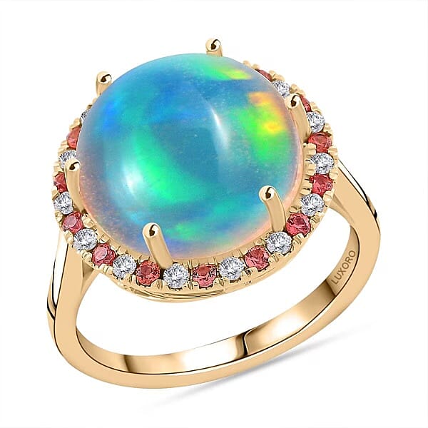 Certified & Appraised Luxoro 14K Yellow Gold AAA Ethiopian Welo Opal, Padparadscha Sapphire and Diamond (G-H, I2) (0.20 cts) Ring (Size 10.0) (4.30 g) 7.30 ctw