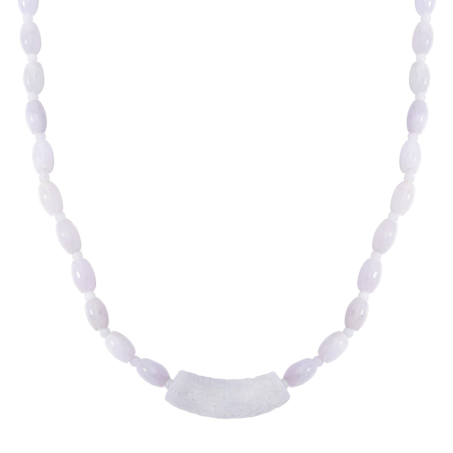 Natural Jade 400.00 ctw Barrel and Beaded Necklace with Carved Bar in Rhodium Over Sterling Silver 20 Inches