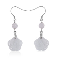 Natural Jade 50.00 ctw Rose Carved Earrings in Rhodium Over Sterling Silver