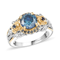 TLV Blue Moissanite (Rnd 8mm), Blue Sapphire and Moissanite Ring in 18K Vermeil YG and Rhodium Over Sterling Silver (Size 10.0) 2.20 ctw