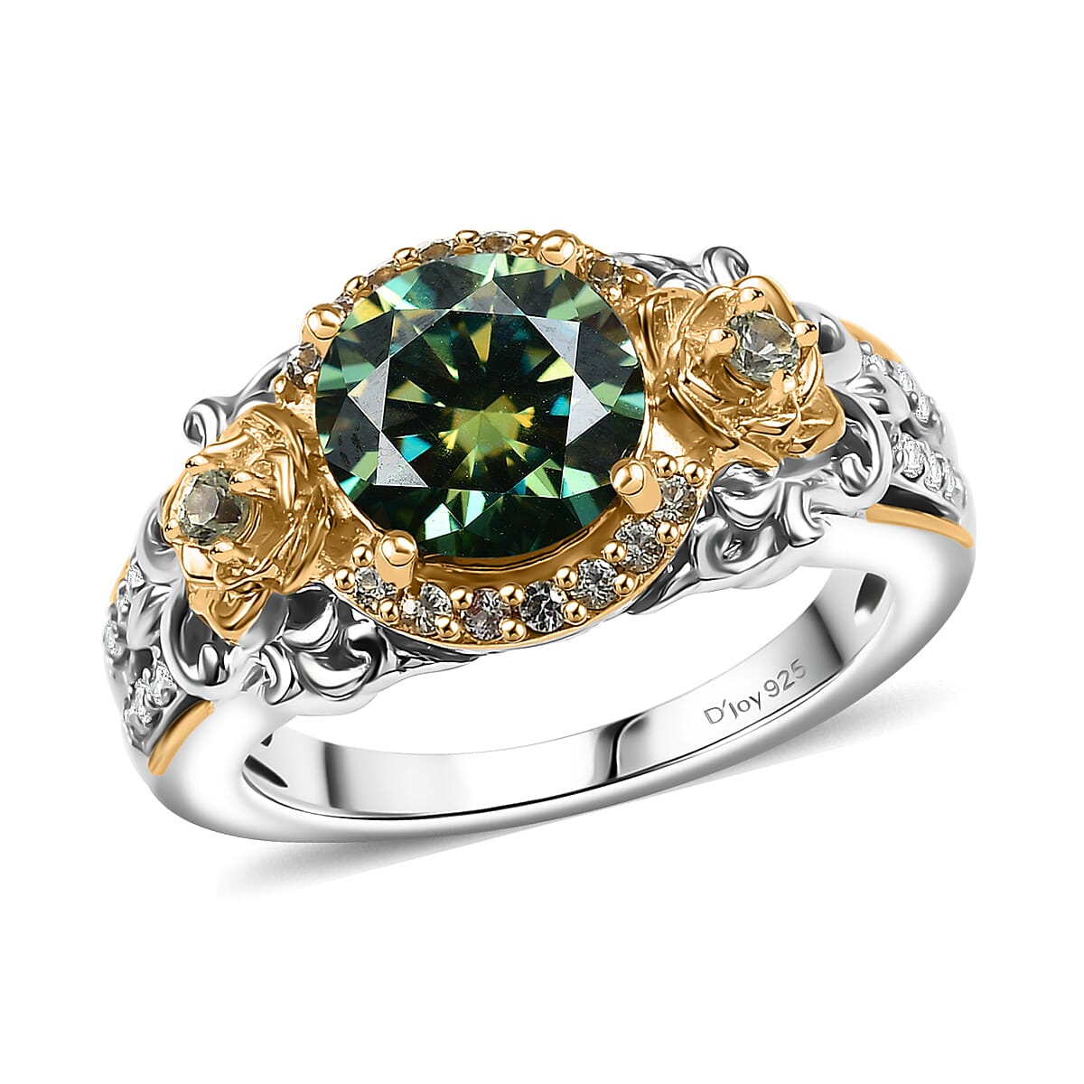 TLV Blue Moissanite (Rnd 8mm), Blue Sapphire and Moissanite Ring in 18K Vermeil YG and Rhodium Over Sterling Silver (Size 10.0) 2.20 ctw