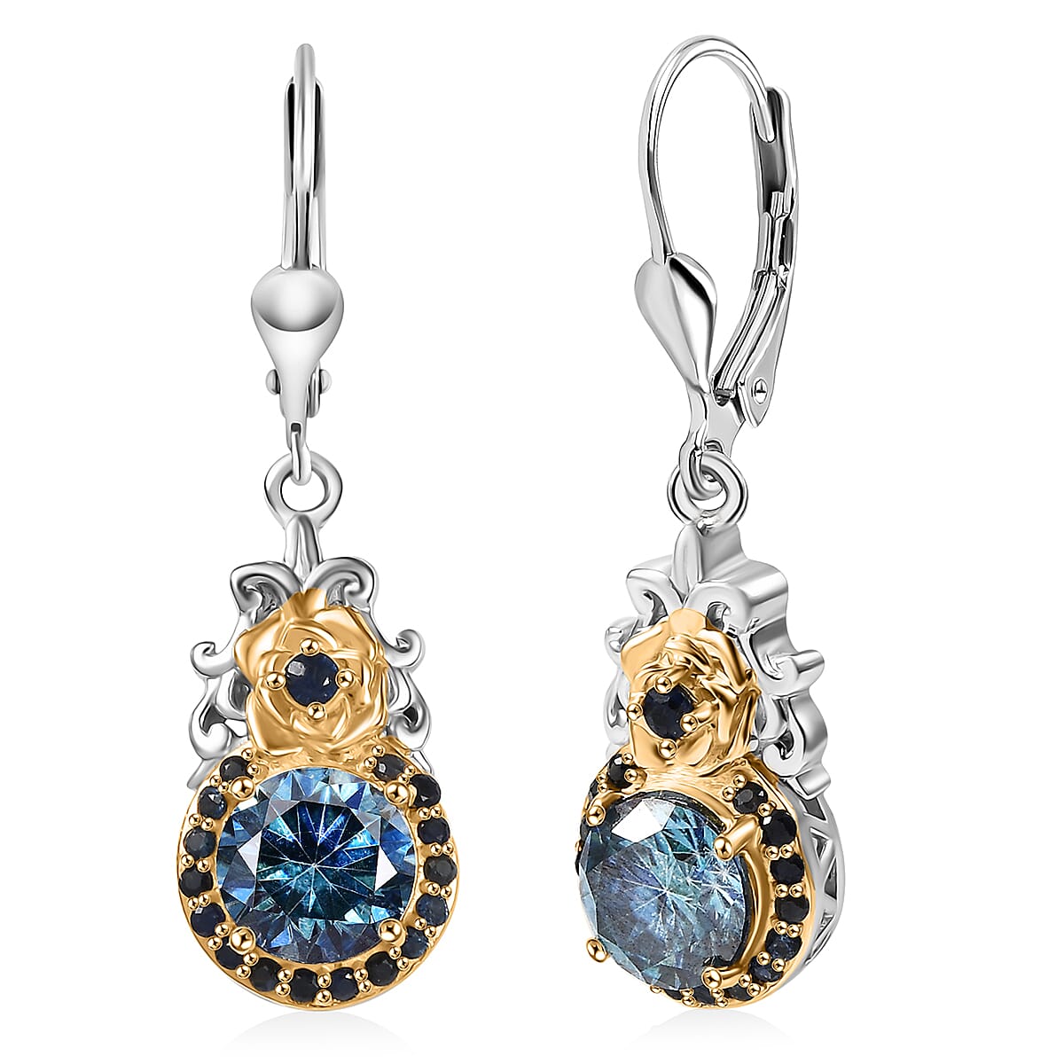 Blue Moissanite and Blue Sapphire 3.00 ctw Lever Back Earrings in 18K Vermeil YG and Rhodium Over Sterling Silver