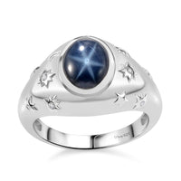 Blue Star Sapphire (DF), Diamond Ring in Rhodium Over Sterling Silver (Size 10.0) 4.30 ctw