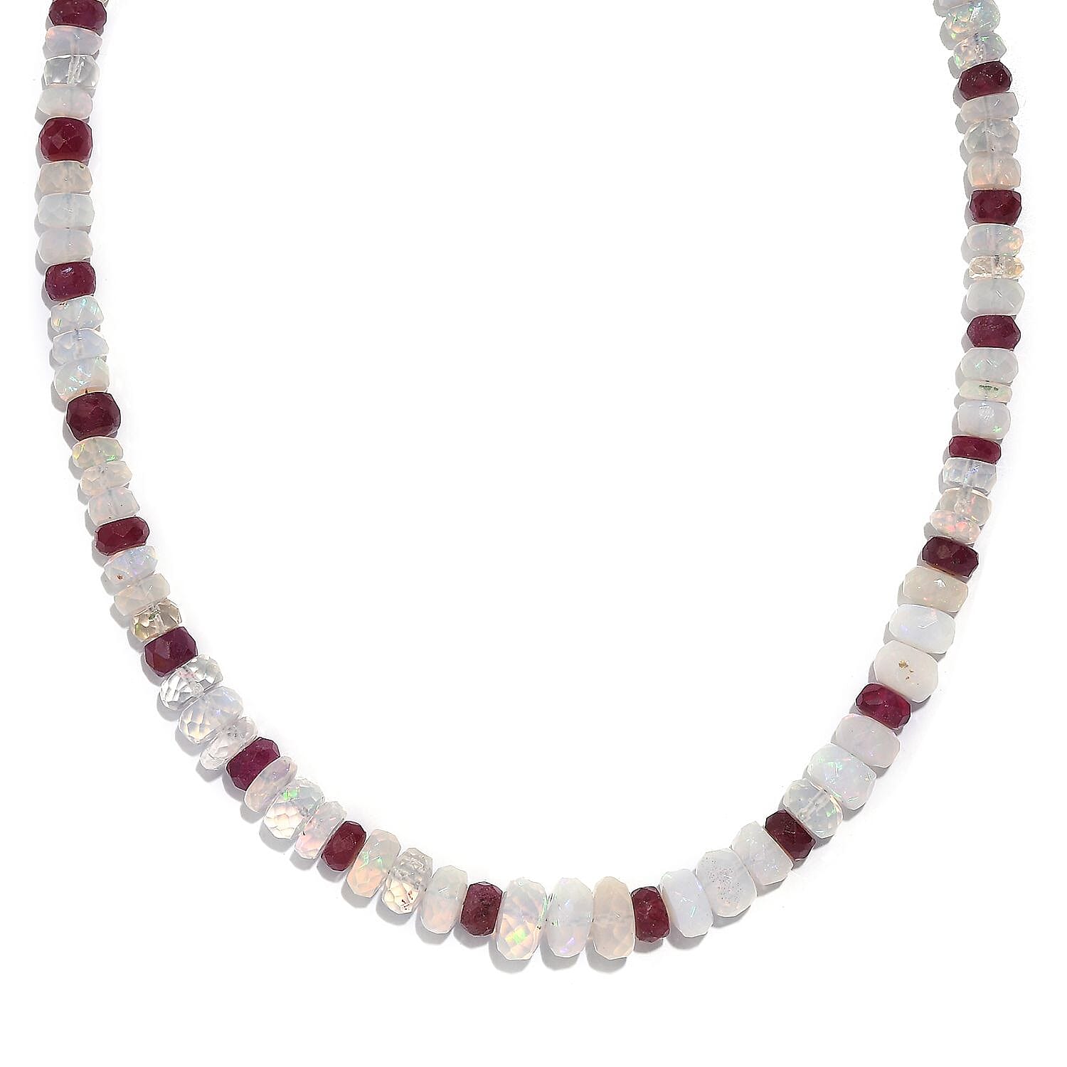 Niassa Ruby (FF) and Ethiopian Welo Opal 65.00 ctw Beaded Necklace in Rhodium Over Sterling Silver 18 Inches