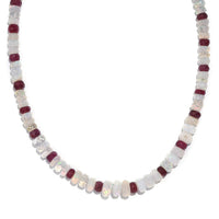 Niassa Ruby (FF) and Ethiopian Welo Opal 65.00 ctw Beaded Necklace in Rhodium Over Sterling Silver 18 Inches