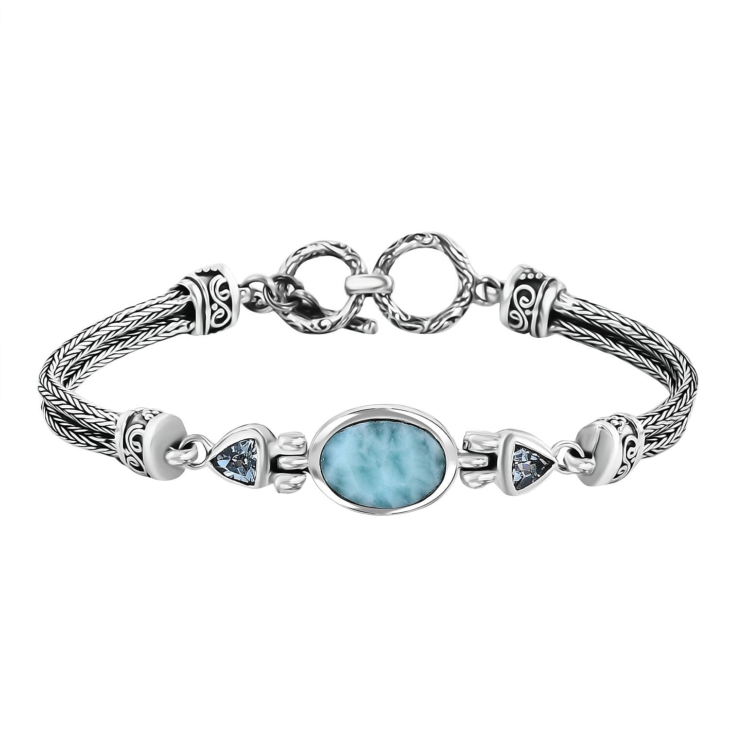 Bali Legacy Natural Green Larimar, Sky Blue Topaz Borobudur Chain Bracelet in Sterling Silver (6.50 In) 8.30 ctw (1)