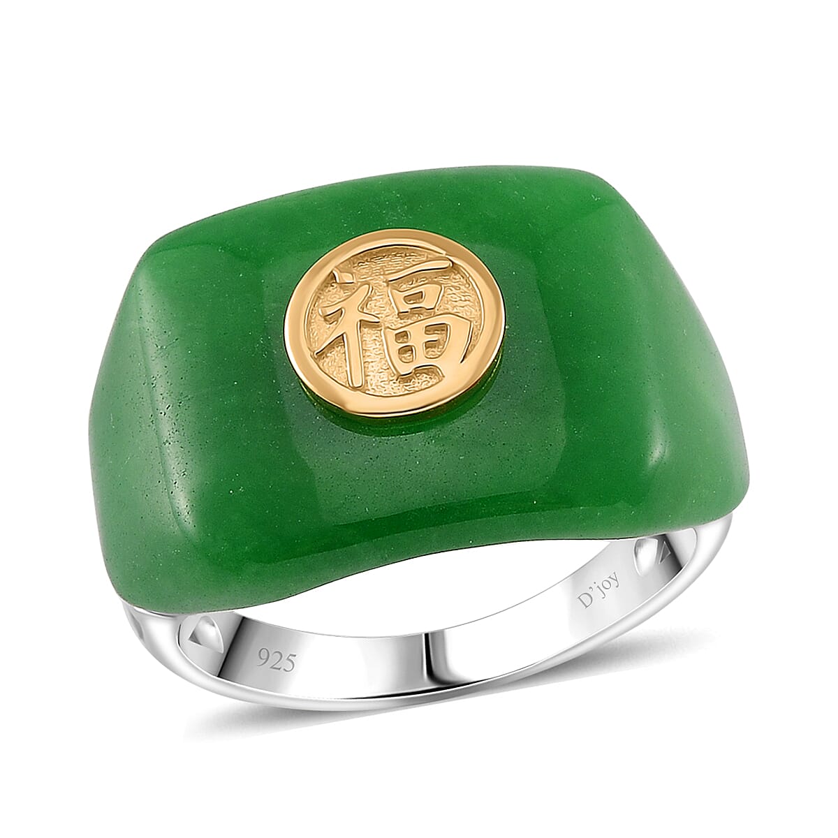 D'Joy Green Jade (D) 30.90 ctw Fu Happiness Mens Ring in Vermeil YG and Rhodium Over Sterling Silver (Size 9.0)