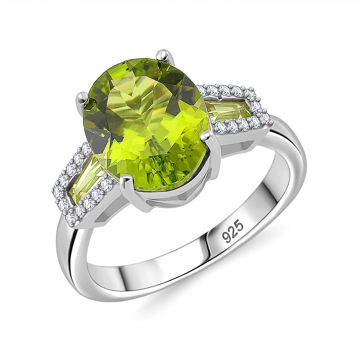 Doorbuster Peridot, White Zircon Ring in Rhodium Over Sterling Silver (Size 10.0) 3.90 ctw