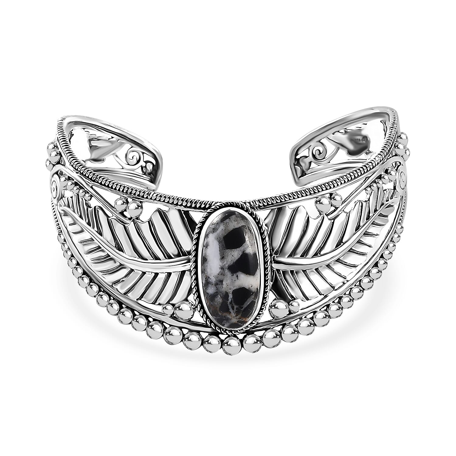D'Joy Artisan Crafted White Buffalo 12.40 ctw Feather Cuff Bracelet in Black Oxidized Sterling Silver (7.25 In)
