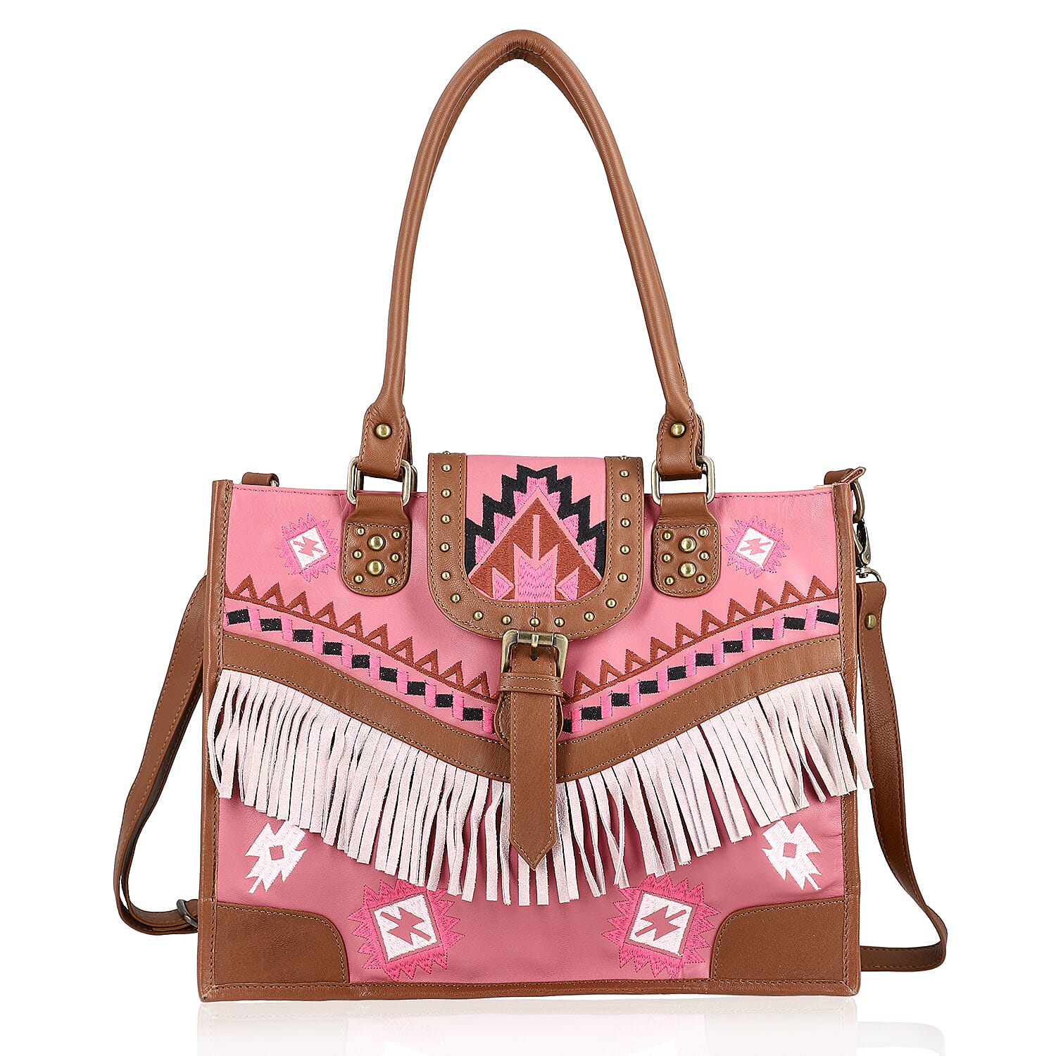 Genuine Leather Handbag with 2 top handle and 1 adjustable Shoulder strap  Size-11x 9.7 5x7 inches Color- Pink