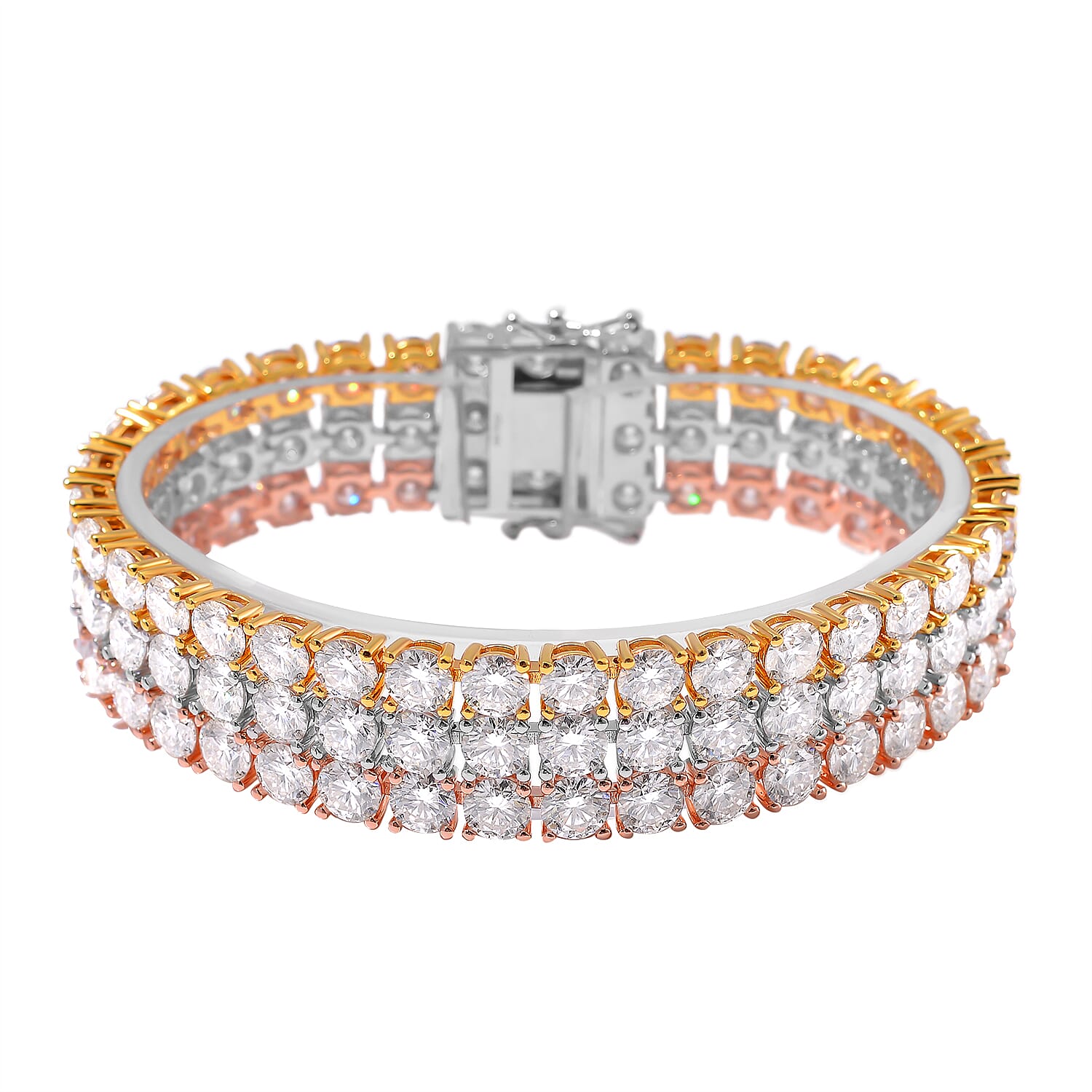Doorbuster Moissanite Three-Row Bracelet in 18K Vermeil RG, YG and Rhodium Over Sterling Silver (6.50 In) 40.90 ctw