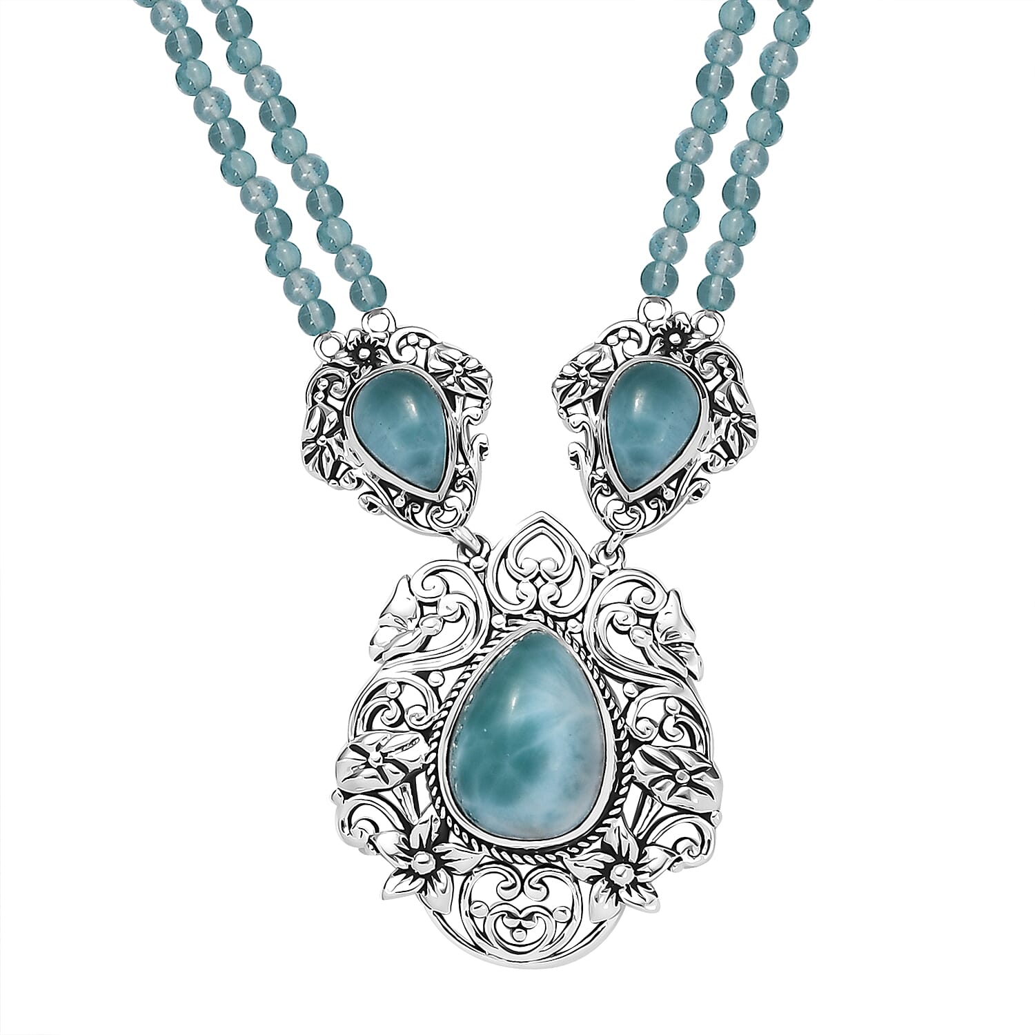 D'Joy Artisan Crafted Natural Green Larimar and Apatite Beaded 75.65 ctw Floral Necklace in Black Oxidized Sterling Silver 18 Inches