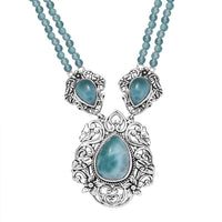 D'Joy Artisan Crafted Natural Green Larimar and Apatite Beaded 75.65 ctw Floral Necklace in Black Oxidized Sterling Silver 18 Inches