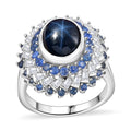 Premium Blue Star Sapphire (DF), Multi Gemstone Floral Ring in Rhodium Over Sterling Silver (Size 10.0) 5.75 ctw - Sticky add to cart bar