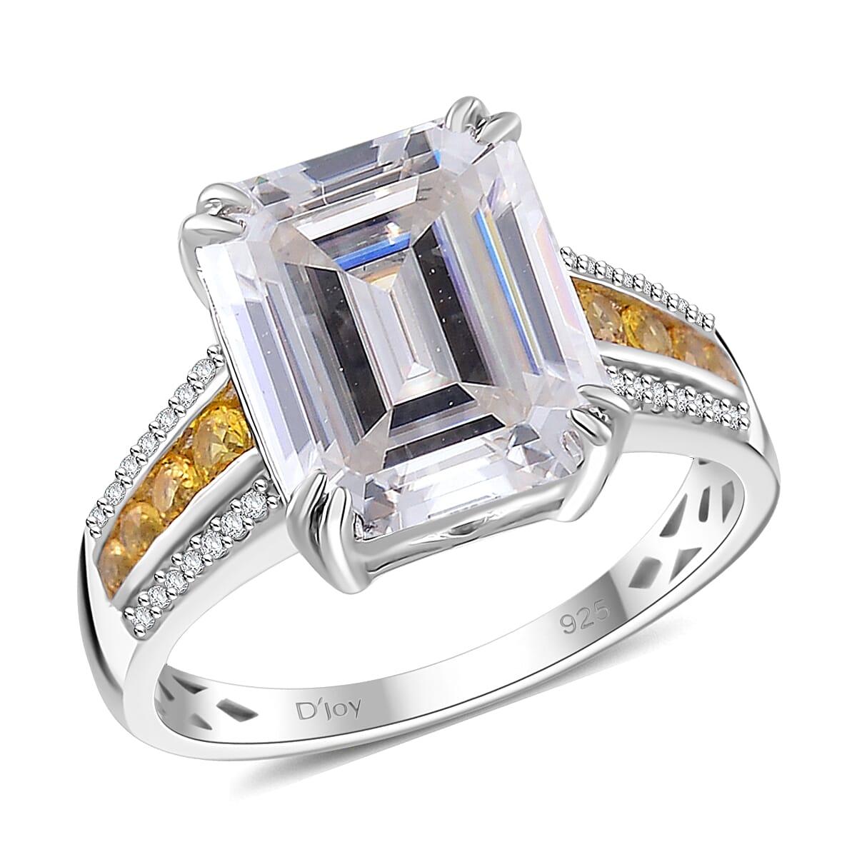 Doorbuster Moissanite, Yellow Sapphire Ring in Rhodium Over Sterling Silver (Size 10.0) 5.20 ctw