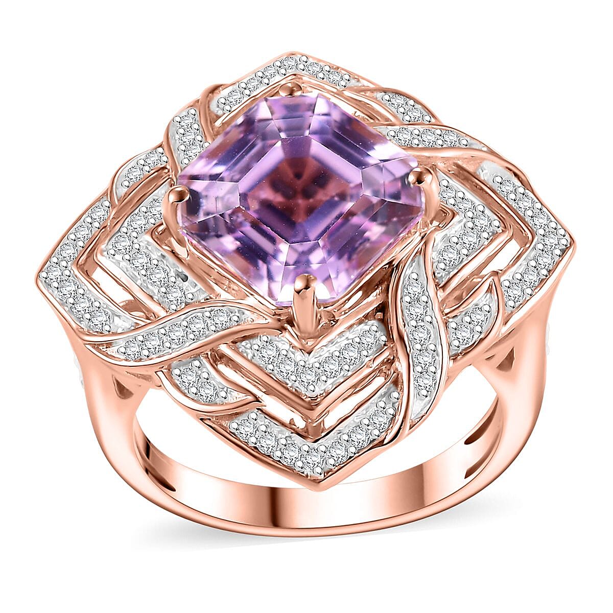 GP Amore Collection Asscher Cut Premium Kunzite, Moissanite Good Luck Endless Knot Ring in 18K Vermeil RG Over Sterling Silver (Size 10.0) 6.50 ctw