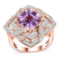 GP Amore Collection Asscher Cut Premium Kunzite, Moissanite Good Luck Endless Knot Ring in 18K Vermeil RG Over Sterling Silver (Size 10.0) 6.50 ctw