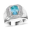 Natural Green Larimar, White Zircon Men's Ring in Rhodium Over Sterling Silver (Size 10.0) 3.65 ctw - Sticky add to cart bar