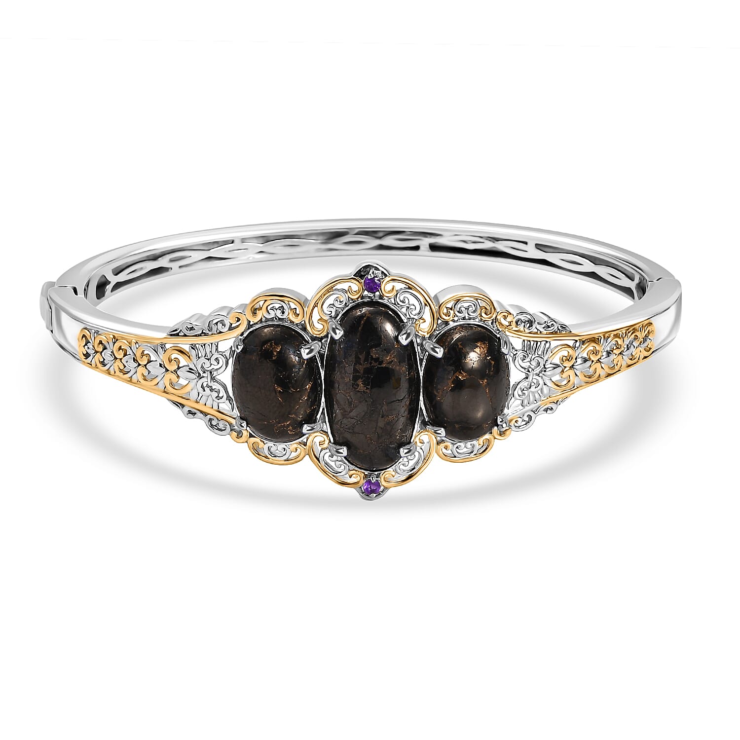Matrix Silver Shungite, African Amethyst Bangle Bracelet in 14K YG and Platinum Over Copper (7.25 In) 14.25 ctw