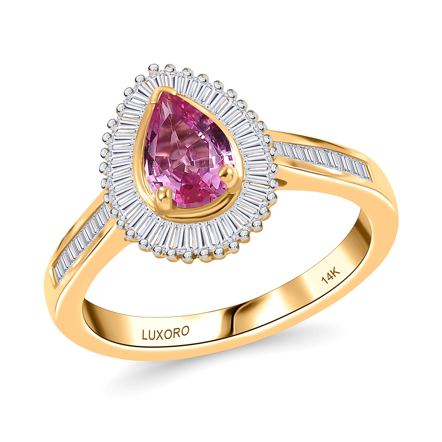 Doorbuster Certified & Appraised Luxoro 14K Yellow Gold AAA Padparadscha Sapphire, Diamond (G-H, I2) Ring (Size 6.0) 1.26 ctw
