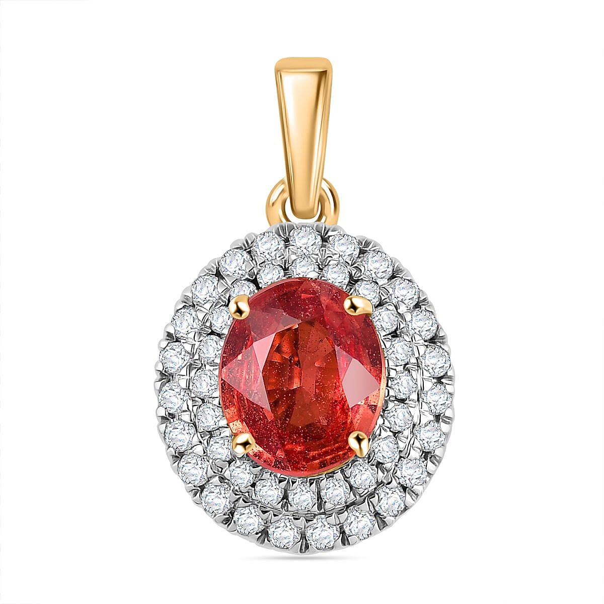 Certified & Appraised Luxoro AAA Padparadscha Sapphire and G-H I2 Diamond 2.05 ctw Double Halo Pendant without Chain in 14K Yellow Gold