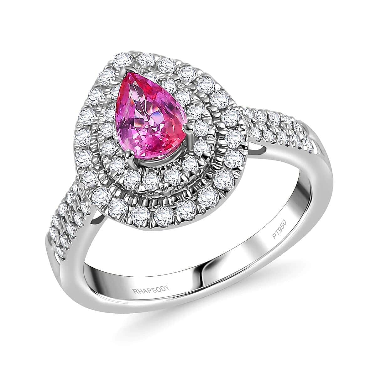 Certified & Appraised Rhapsody 950 Platinum AAAA Padparadscha Sapphire, Diamond (E-F, VS2) (0.74 cts) Double Halo Ring (Size 10.0) (7.11 g) 1.50 ctw