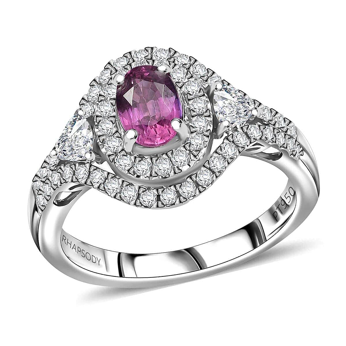 Certified & Appraised Rhapsody 950 Platinum AAAA Padparadscha Sapphire, Diamond (E-F, VS2) (0.71 cts) Ring (Size 7.0) (6.65 g) 1.75 ctw