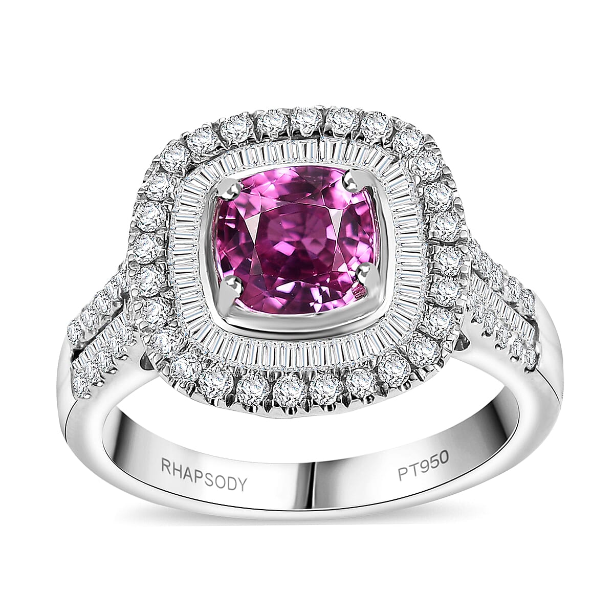 Certified & Appraised Rhapsody 950 Platinum AAAA Padparadscha Sapphire, Diamond (E-F, VS2) (0.90 cts) Double Halo Ring (Size 10.0) (7.45 g) 2.40 ctw