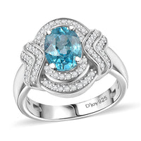 Cambodian Blue Zircon, Moissanite Ring in Rhodium Over Sterling Silver (Size 10.0) 2.40 ctw