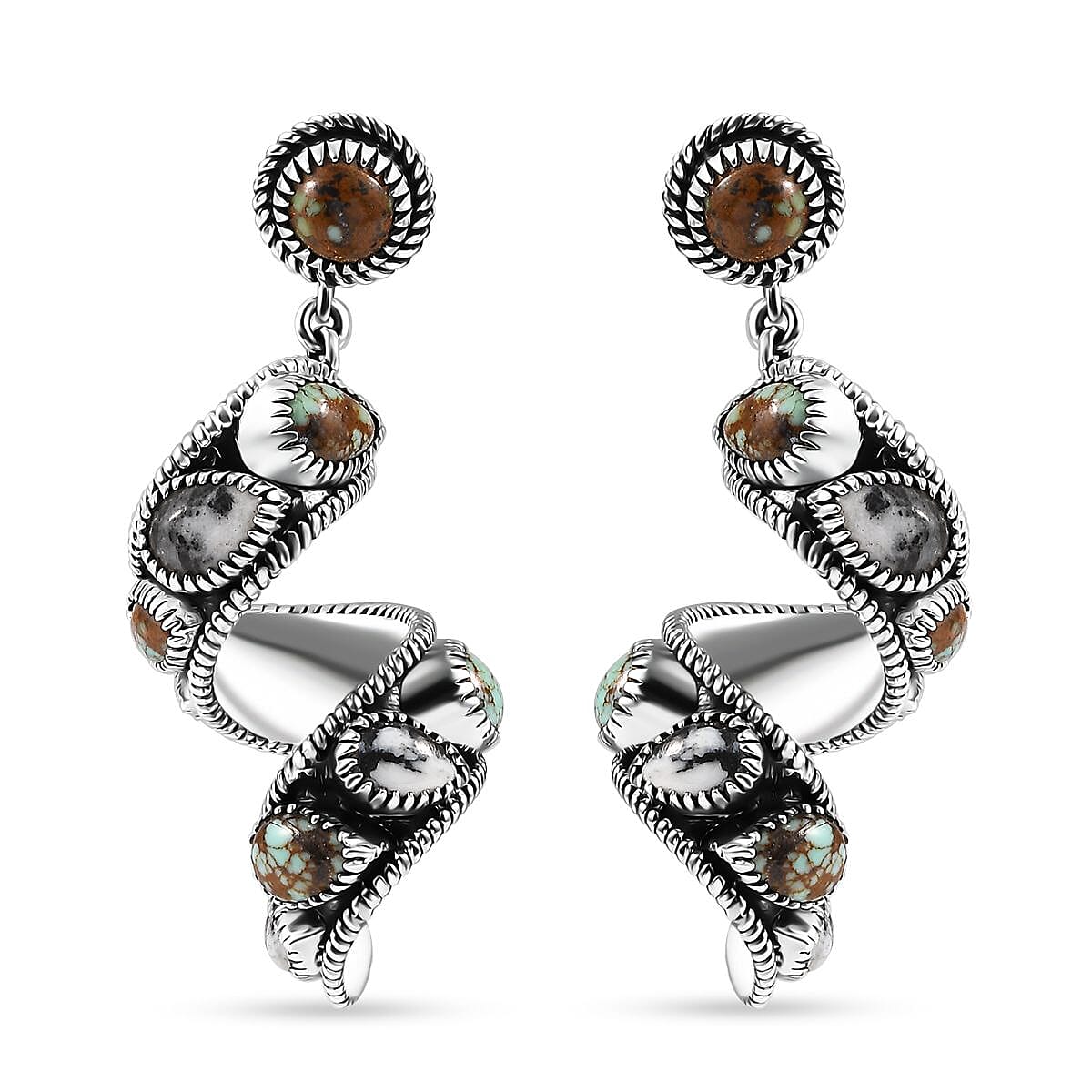 D'Joy Artisan Crafted Blue Horizon Turquoise and White Buffalo 11.70 ctw Earth Spiral Earrings in Black Oxidized Sterling Silver