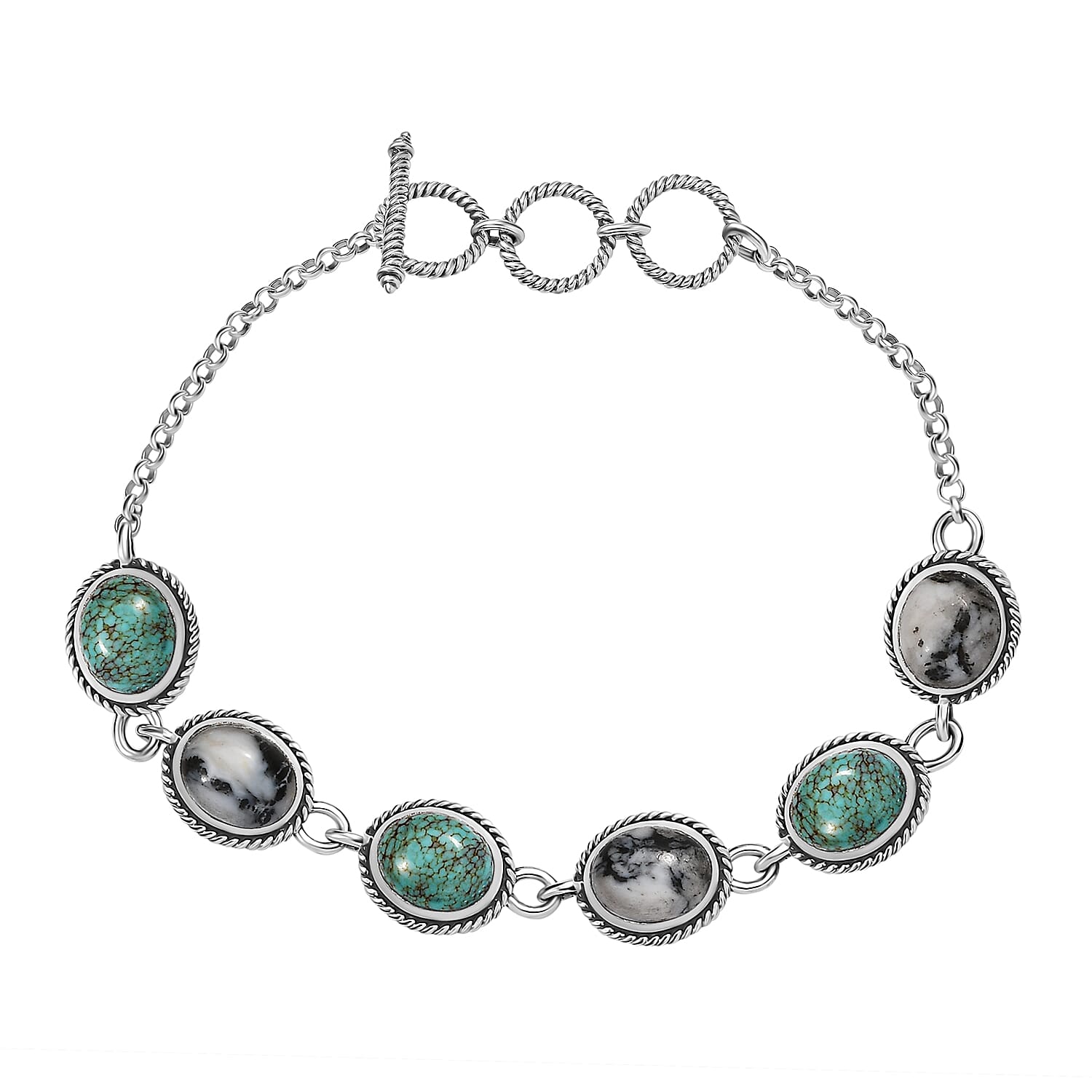 D'Joy Artisan Crafted Blue Horizon Turquoise and White Buffalo 15.80 ctw Toggle Clasp Bracelet in Black Oxidized Sterling Silver (6.50-8.0In) (7.25 In)