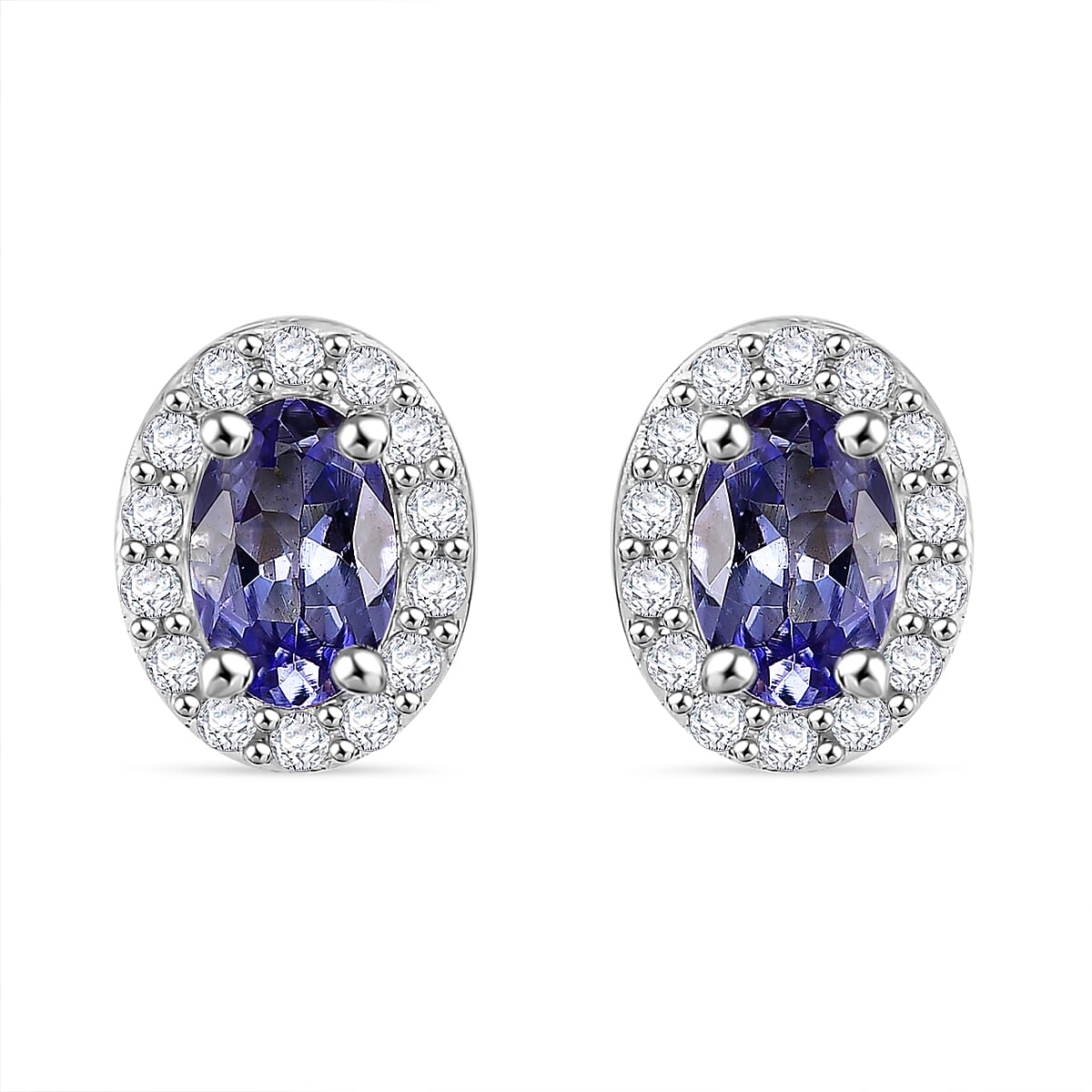 Tanzanite and White Zircon 1.15 ctw Solitaire Stud Earring in Rhodium Over Sterling Silver