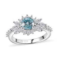 Cambodian Blue Zircon, White Zircon Ring in Rhodium Over Sterling Silver (Size 6.0) 2.25 ctw
