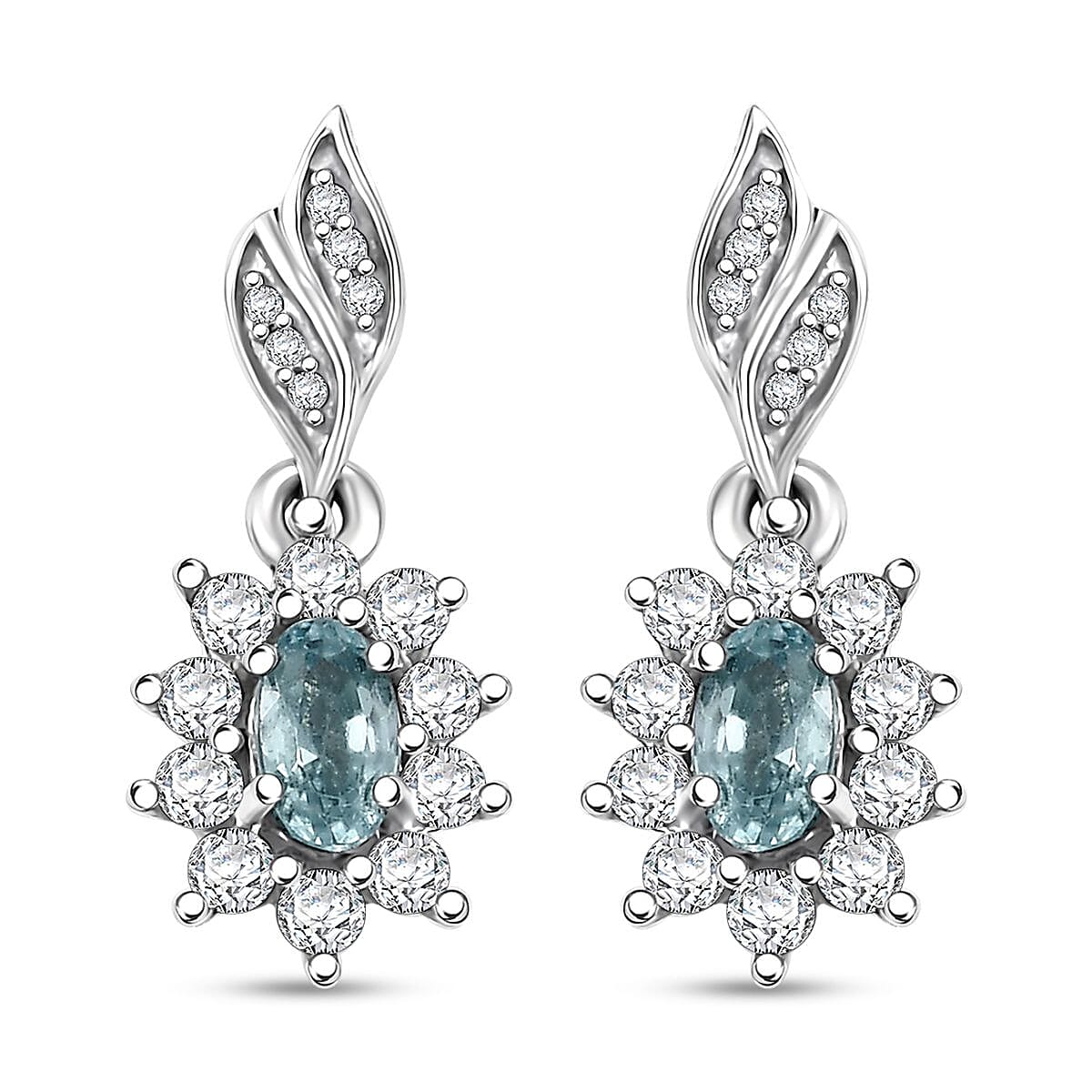 D'Joy Cambodian Blue Zircon and White Zircon 1.50 ctw Sunburst Earrings in Rhodium Over Sterling Silver