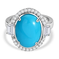 Sleeping Beauty Turquoise and White Zircon Ring in Rhodium Over Sterling Silver (Size 10.0) 8.98 ctw