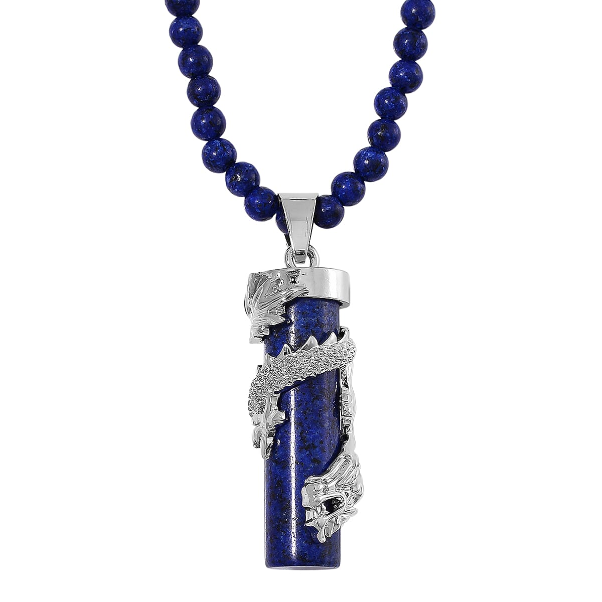 Lapis Lazuli 100.00 ctw Dragon Pendant with Beaded Necklace in Silvertone 20-22 Inches