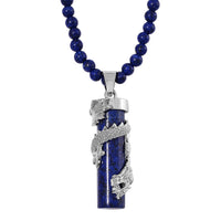 Lapis Lazuli 100.00 ctw Dragon Pendant with Beaded Necklace in Silvertone 20-22 Inches