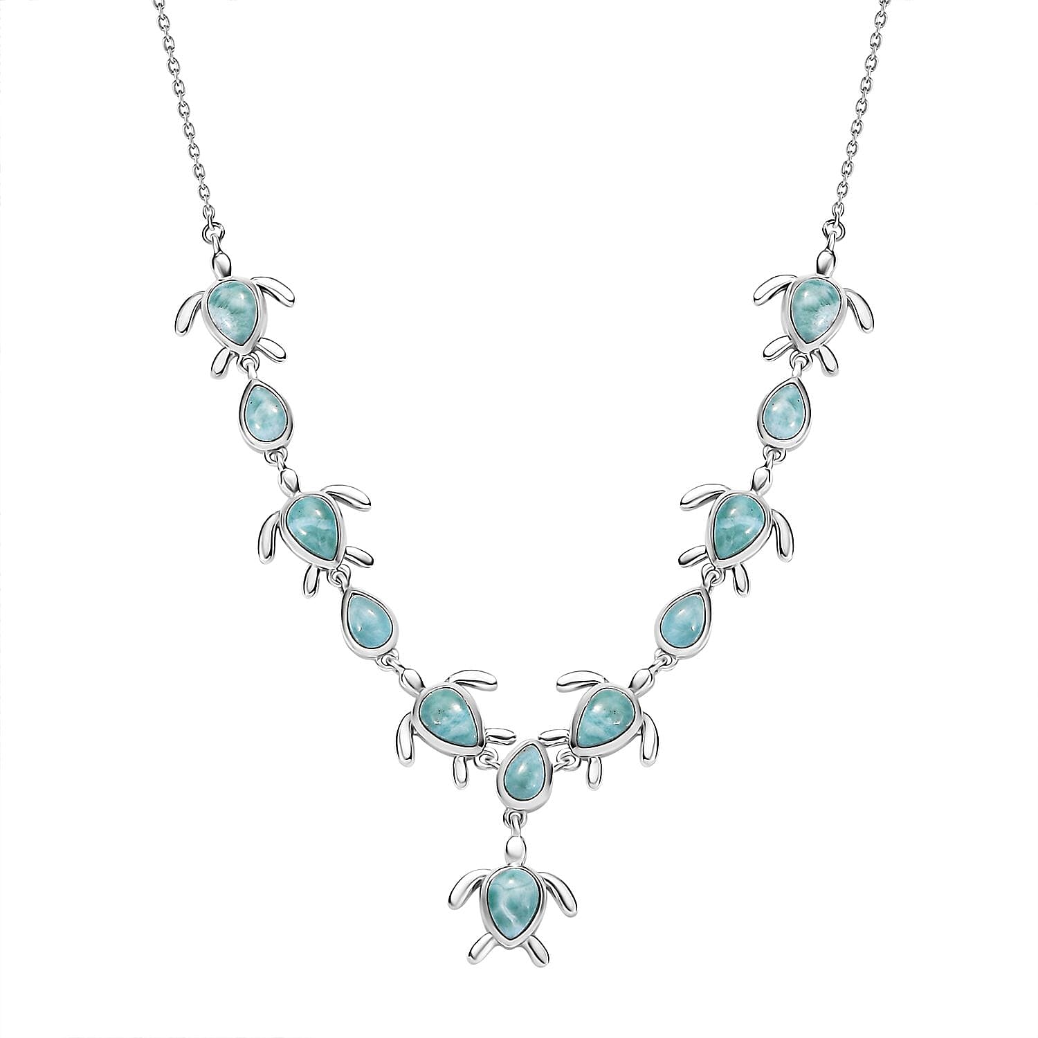 D'Joy Natural Green Larimar 8.80 ctw Turtle Necklace in Rhodium Over Sterling Silver 18 Inches