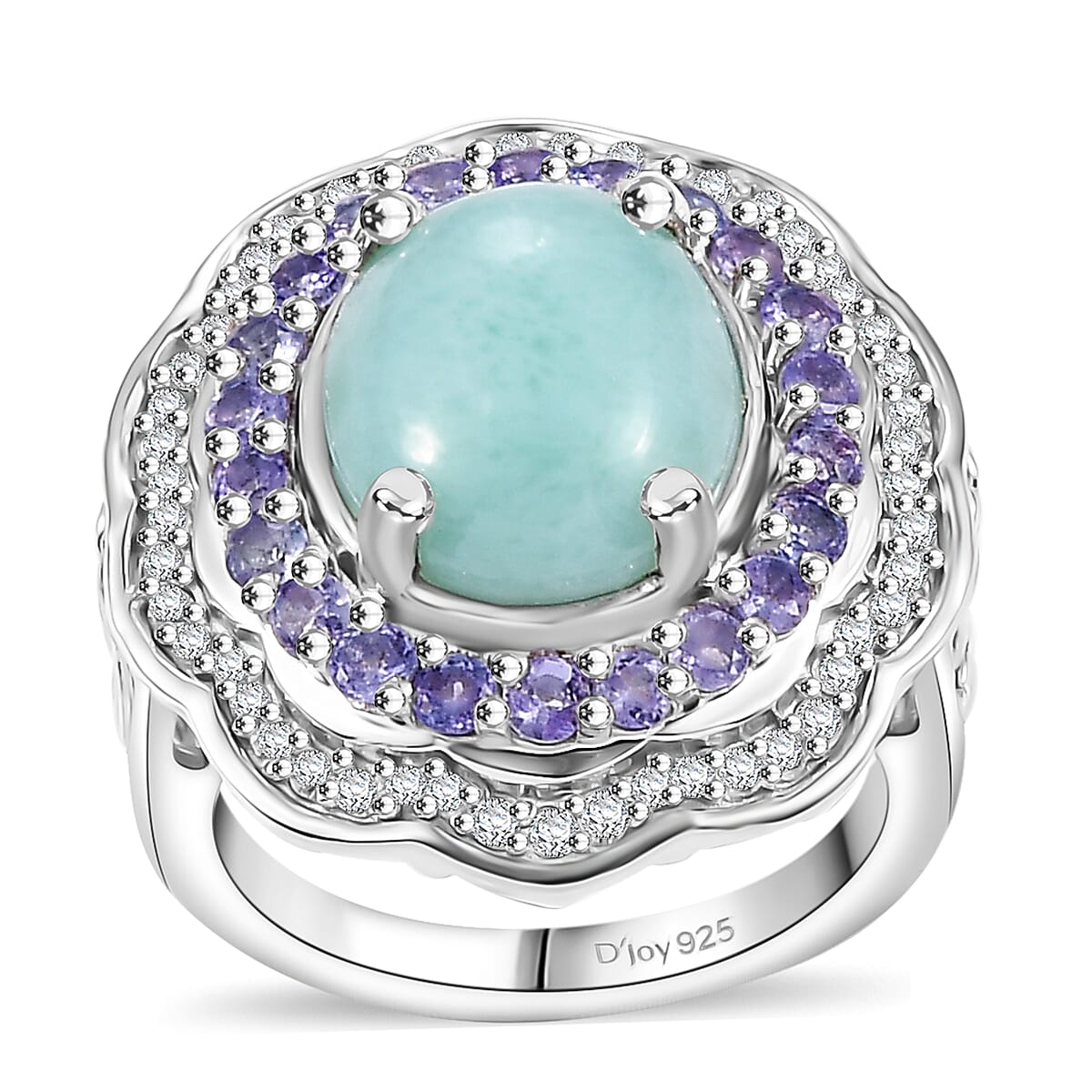 Natural Green Larimar, Multi Gemstone Ocean Bloom Ring in Rhodium Over Sterling Silver (Size 10.0) 7.10 ctw