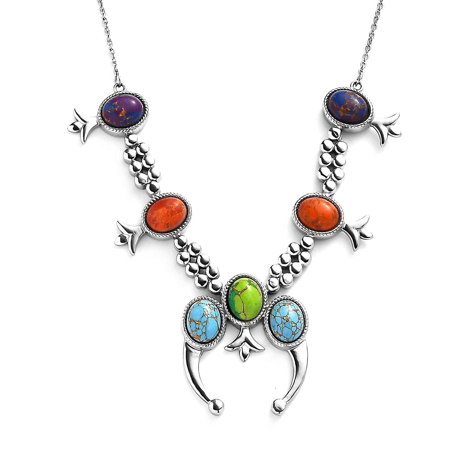 Mojave Multi Color Turquoise Squash Blossom Necklace (18 Inches) in Stainless Steel 18.65 ctw