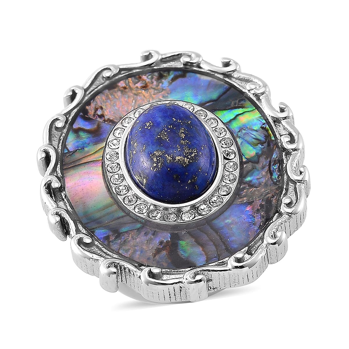 Abalone Shell, Lapis Lazuli and Crystal Ring in Stainless Steel (Size 10.0) 3.00 ctw