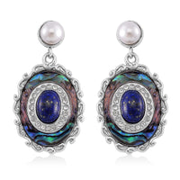Abalone Shell, Lapis Lazuli and Muti Gemstone Earrings in Stainless Steel 1.40 ctw