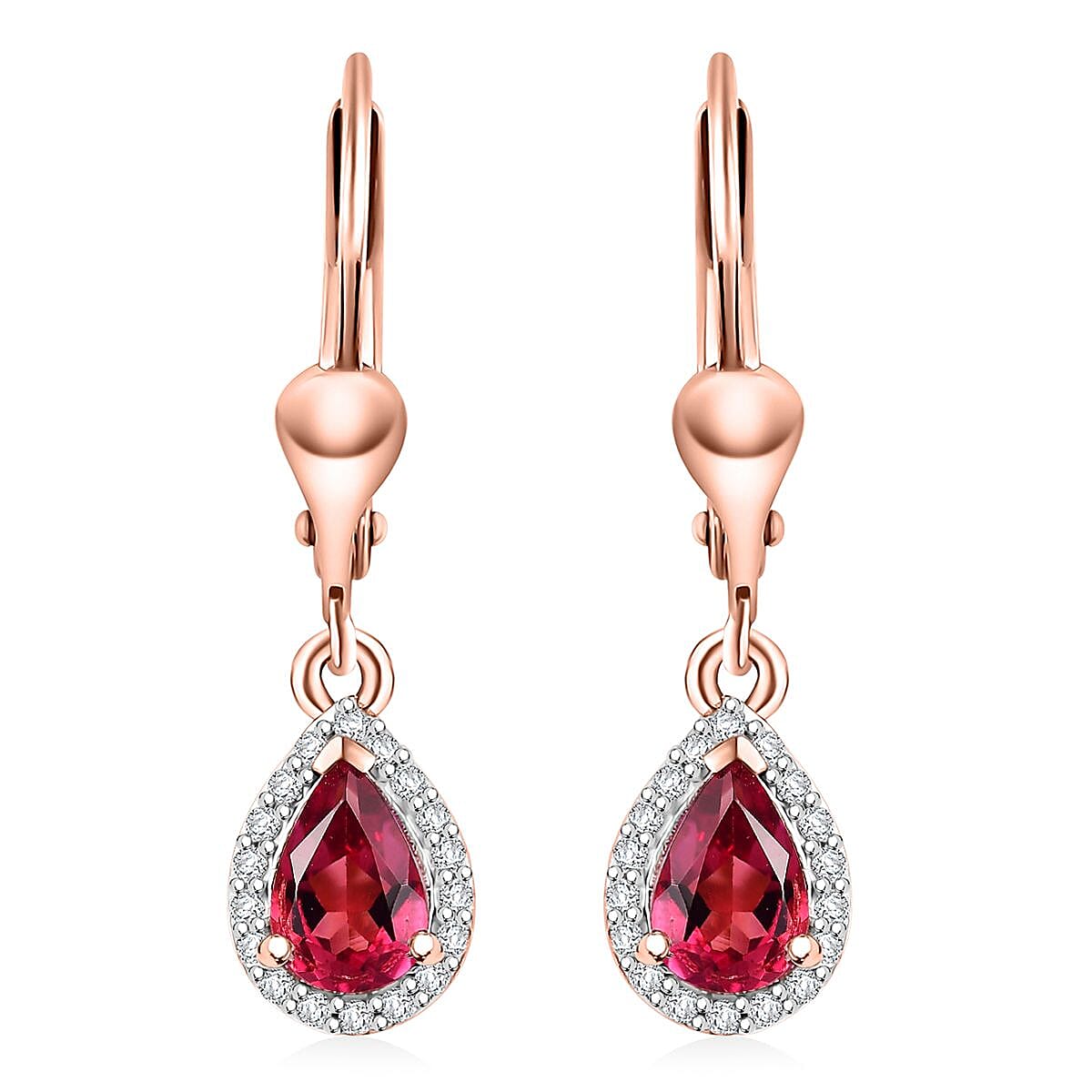 Luxuriant Premium Bixbite (LG) and White Zircon 0.90 ctw Lever Back Earrings in 18K Vermeil RG Over Sterling Silver