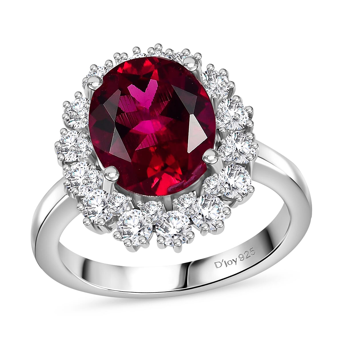 Premium Lab Created Bixbite and Moissanite 5.10 ctw Royal Scarlet Ring in Rhodium Over Sterling Silver