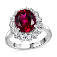 Premium Lab Created Bixbite and Moissanite 5.10 ctw Royal Scarlet Ring in Rhodium Over Sterling Silver