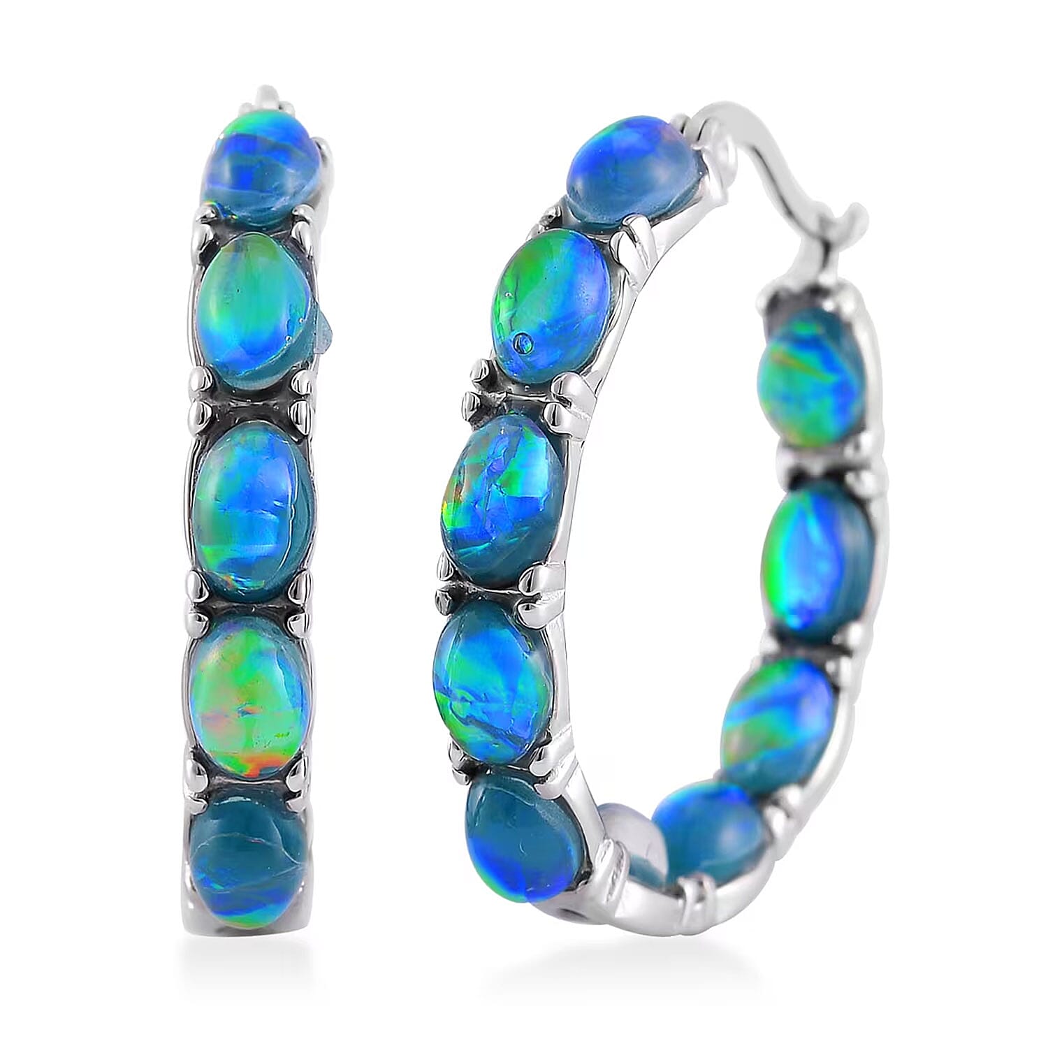 Green Magic Simulated Designer Opal Hoop Earrings in Stainless Steel
