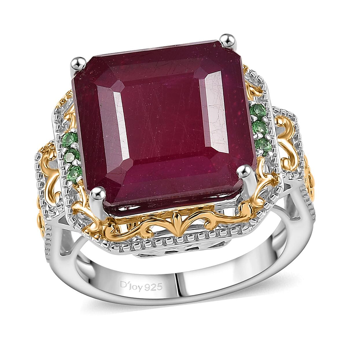 Doorbuster Asscher Cut Premium Niassa Ruby (FF) and Tsavorite Garnet 21.50 ctw Ring in Rhodium Over Sterling Silver
