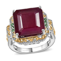 Doorbuster Asscher Cut Premium Niassa Ruby (FF) and Tsavorite Garnet 21.50 ctw Ring in Rhodium Over Sterling Silver