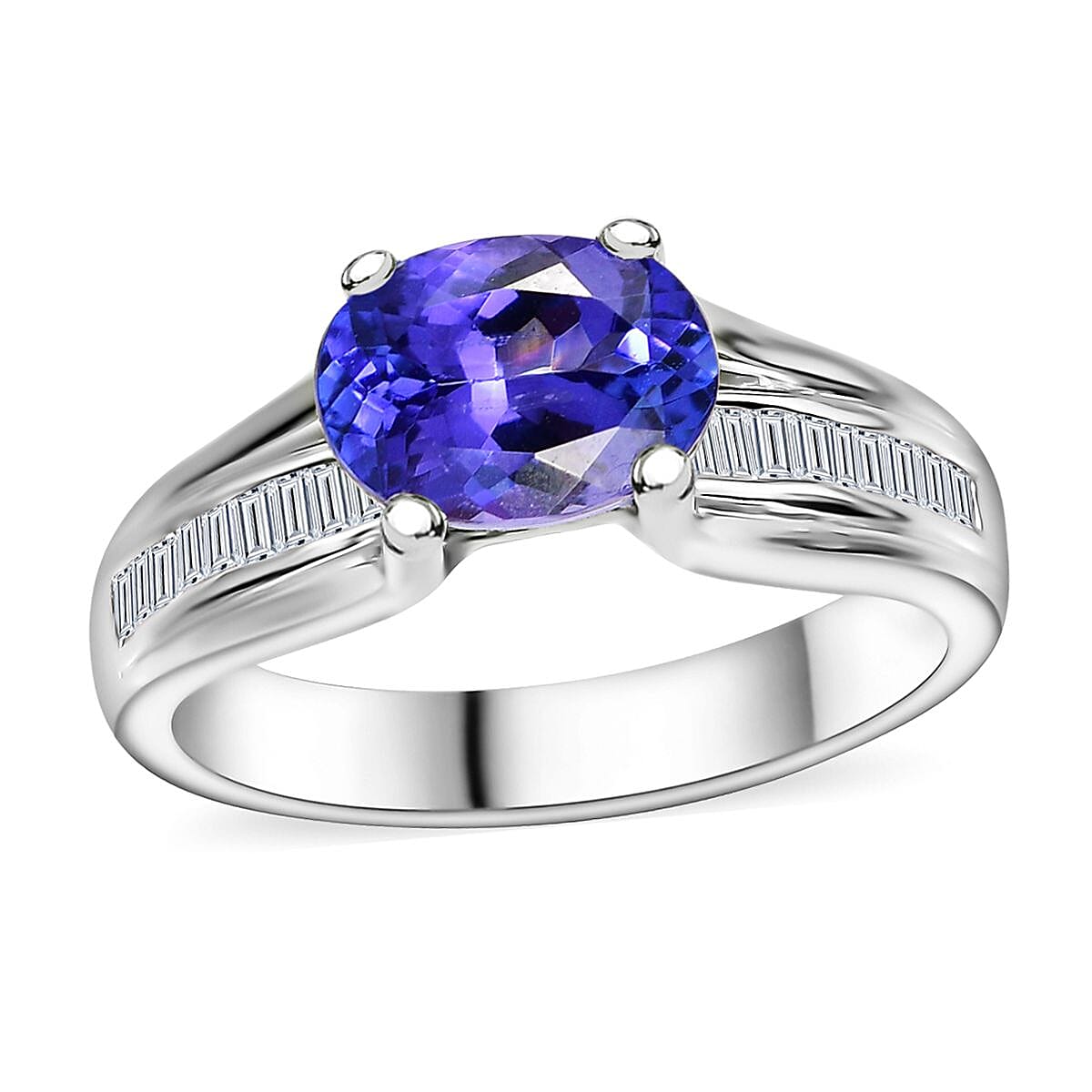 Tanzanite, Diamond (0.25 cts) Bridge Ring in Rhodium Over Sterling Silver (Size 7.0) 2.00 ctw