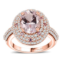Pink Morganite, Multi Gemstone Double Halo Ring in 18K Vermeil RG Over Sterling Silver (Size 7.0) 3.50 ctw